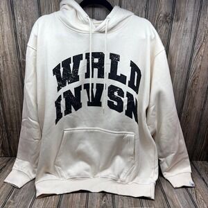 WRLDINVSN Hoodie Cream White Graphic Print Pullover Casual Size L